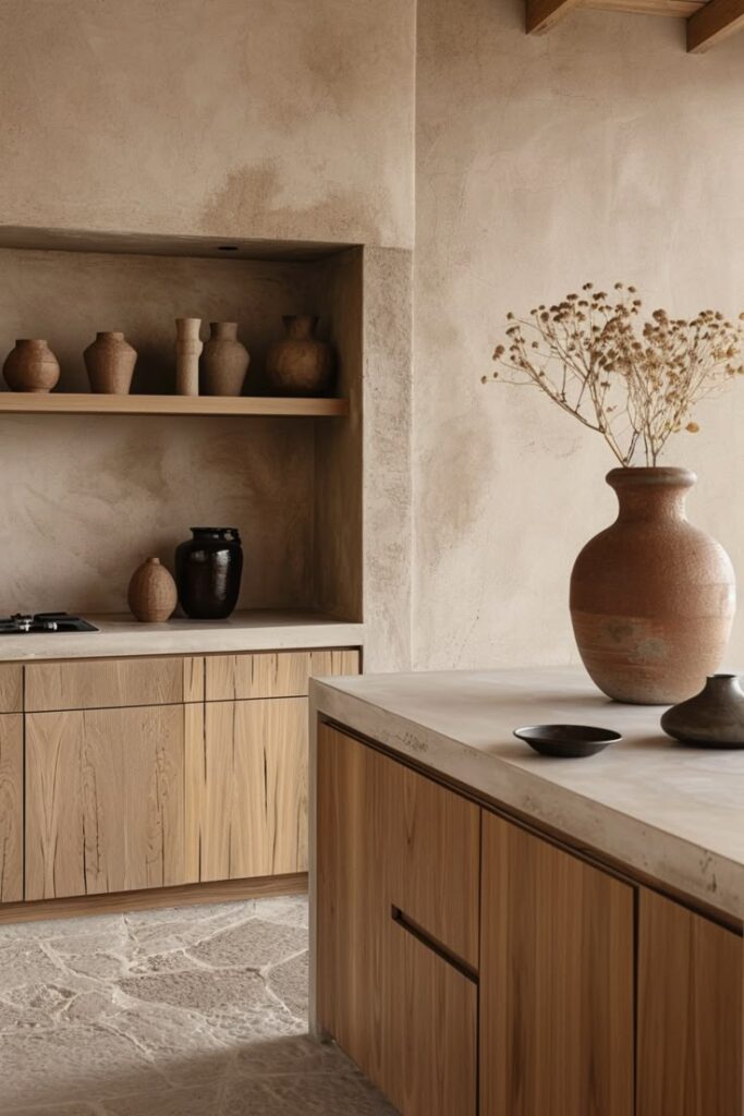 kuchnia modern rustic surowe ściany przecierane tynki
