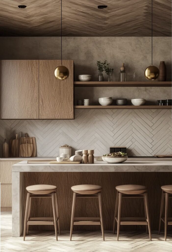kuchnia modern rustic drewno i jodełka